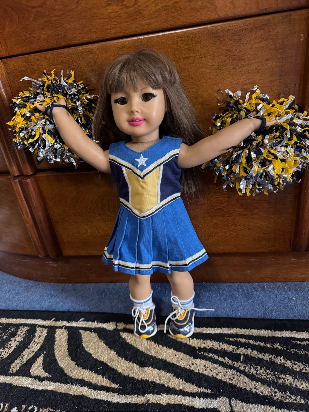 American Girl Blue and Gold Cheerleader Doll Outfit with Pom Poms